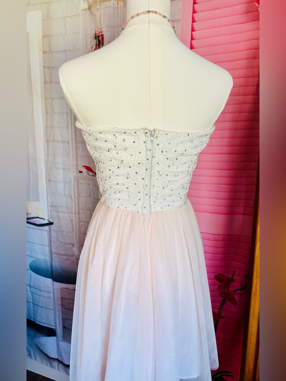 Masquerade Ivory and Pale Pink Beaded Party Dress - Picture 5 of 12